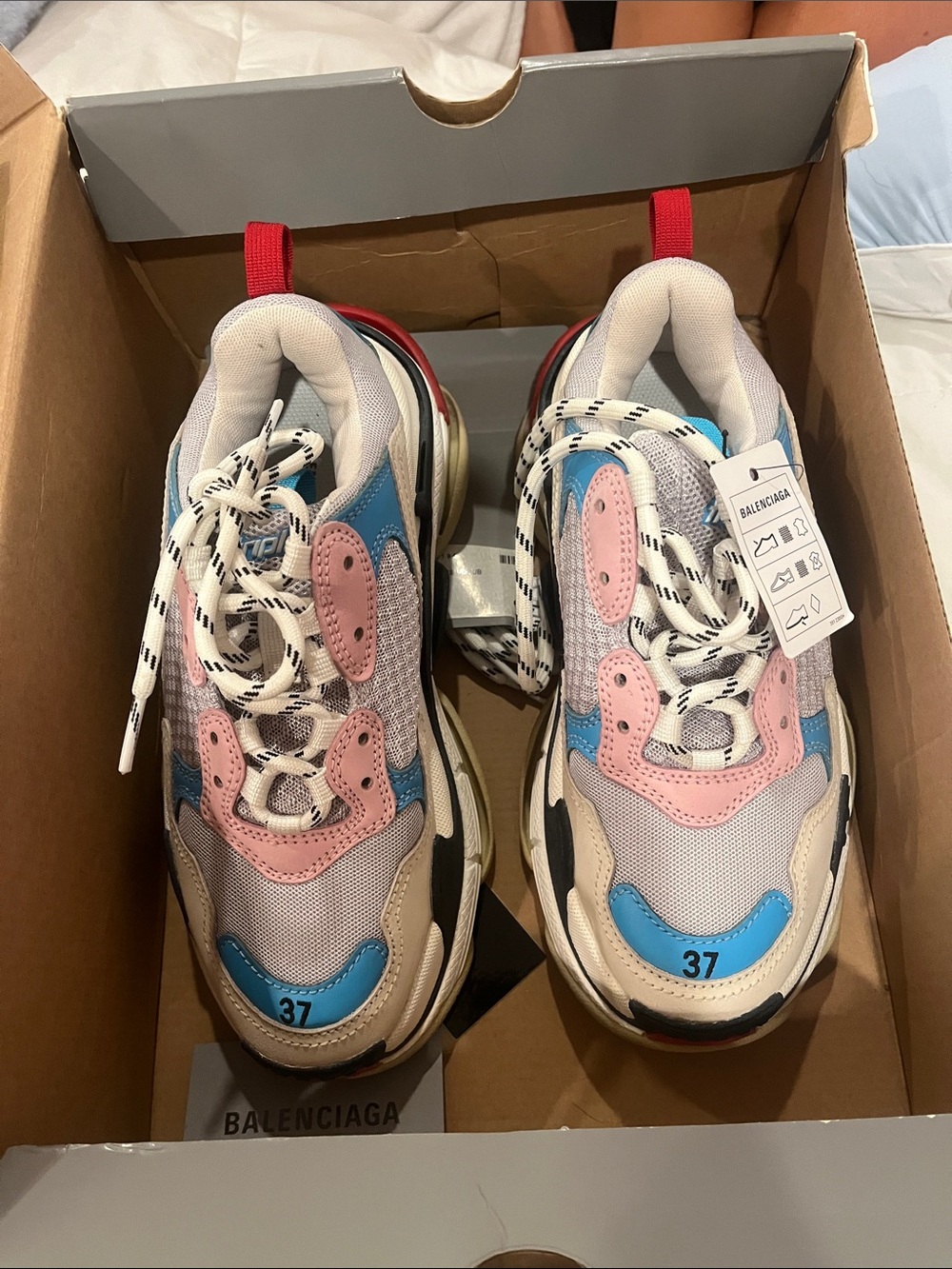 Balenciaga Triple S-Style Sneakers in Pink, Blue & Cream with Red Heel Tab